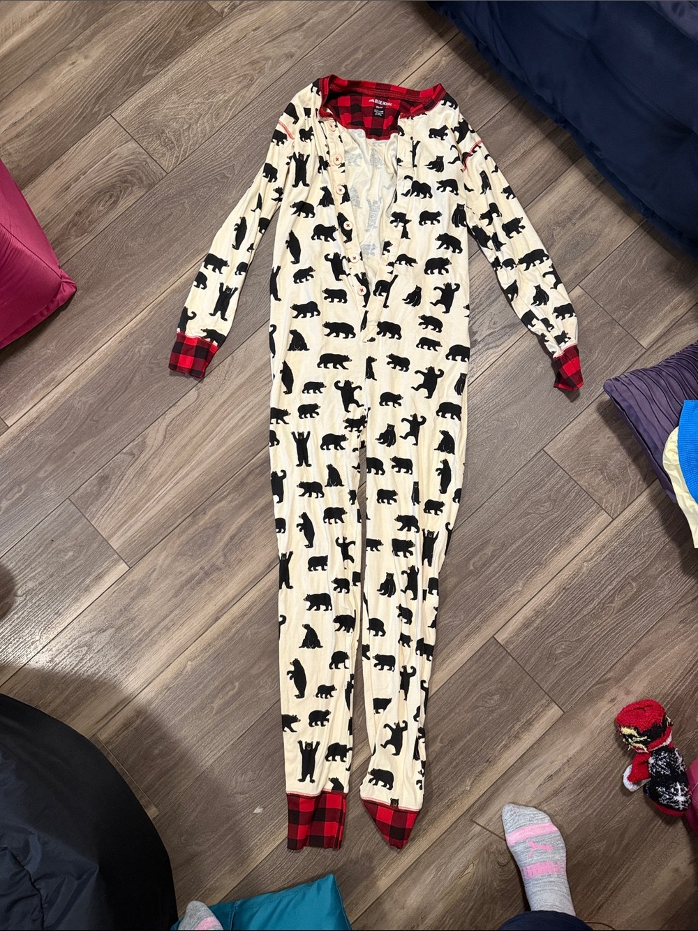 Women's Cream Bear-Print One-Piece Pajama with Red Plaid Trim
